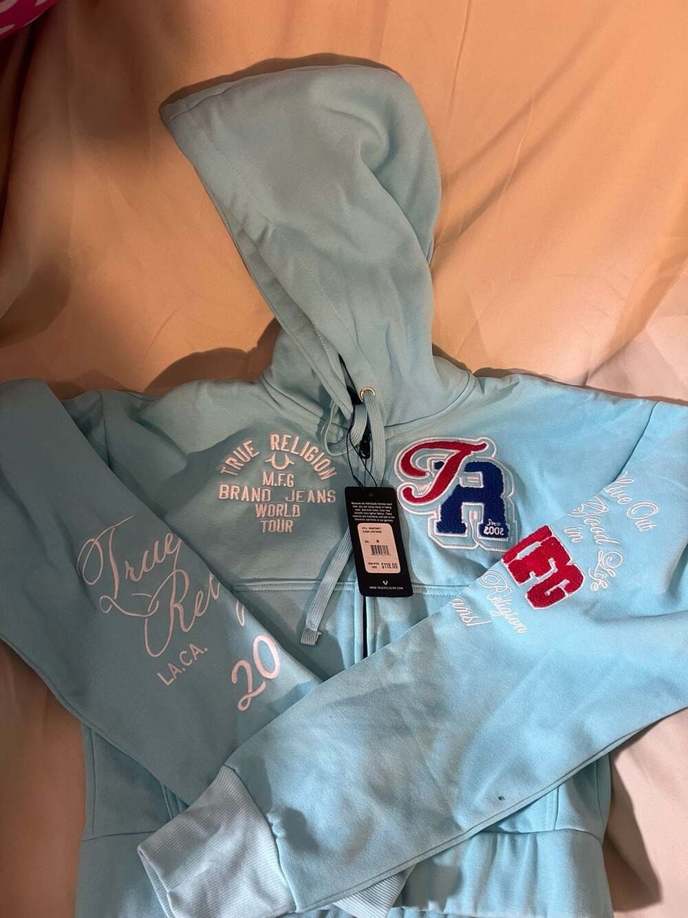 NWT True Religion Light Blue Collegiate 2002 Fleece Tracksuit Set Hoodie Medium - Picture 4 of 9